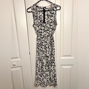 Ann Taylor Loft Dress Women Medium Black White Floral Daisy Midi Slit‎ Tie Waist